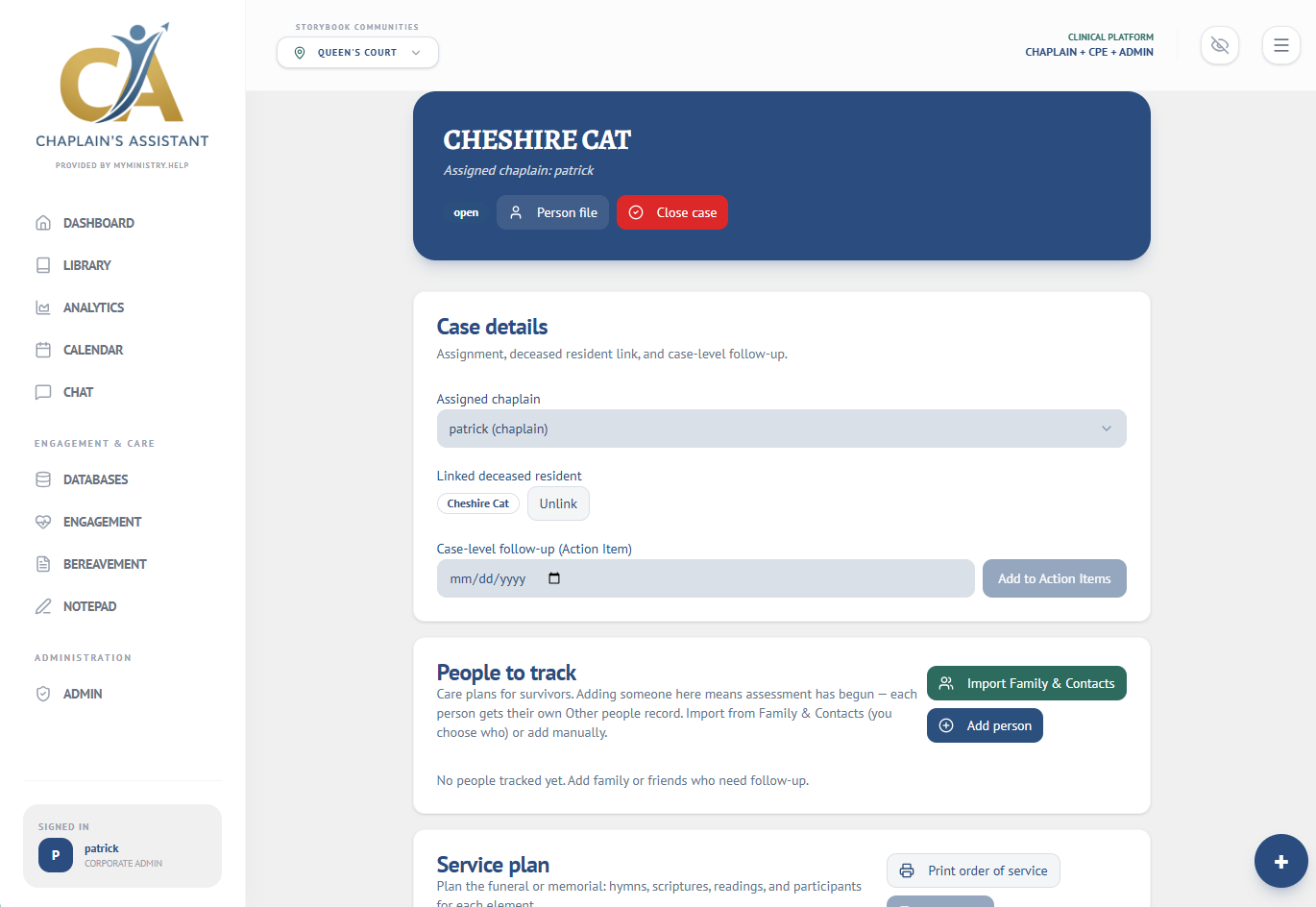 Bereavement case tracking and service planning