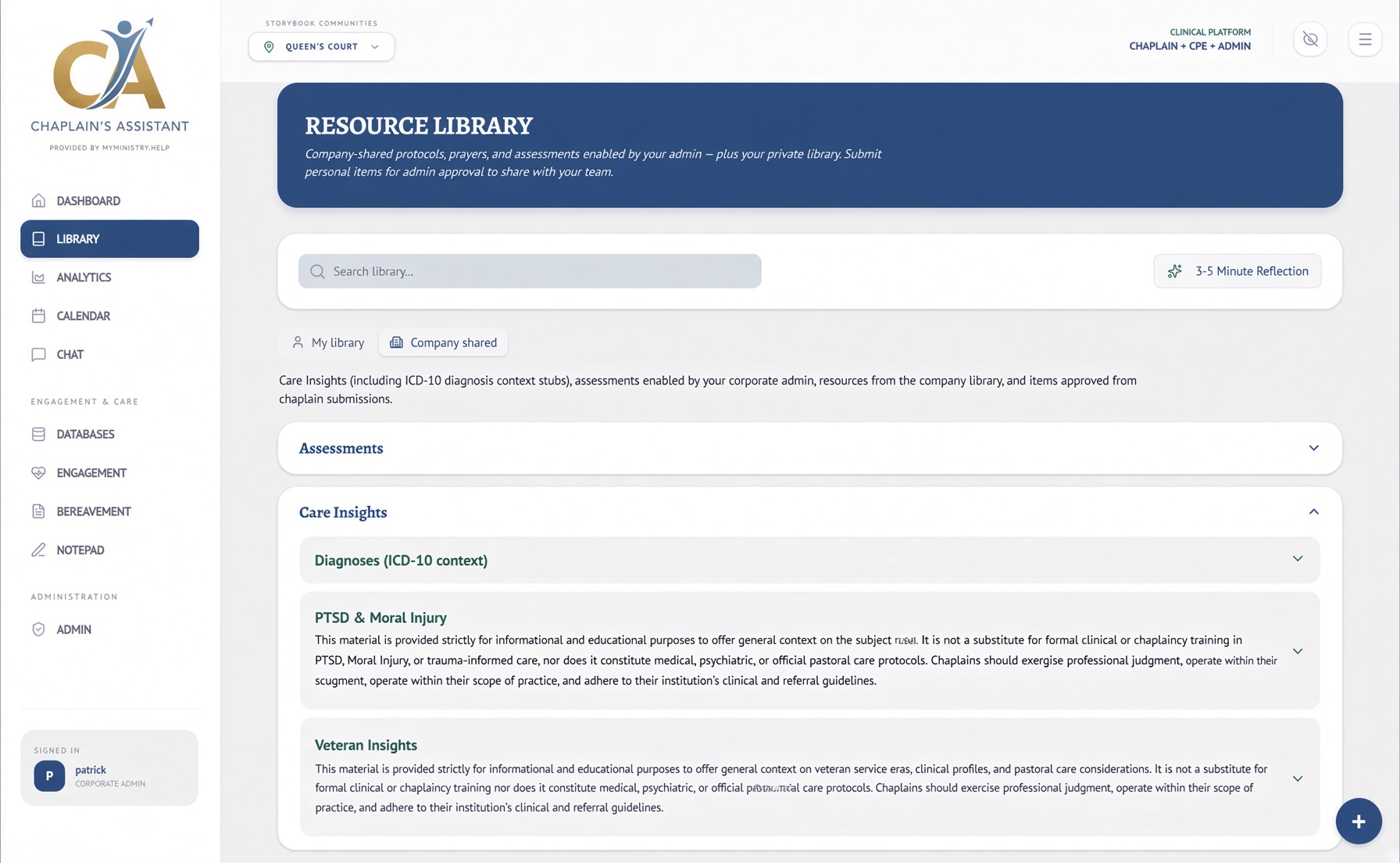 Care Insights library for chaplain reference